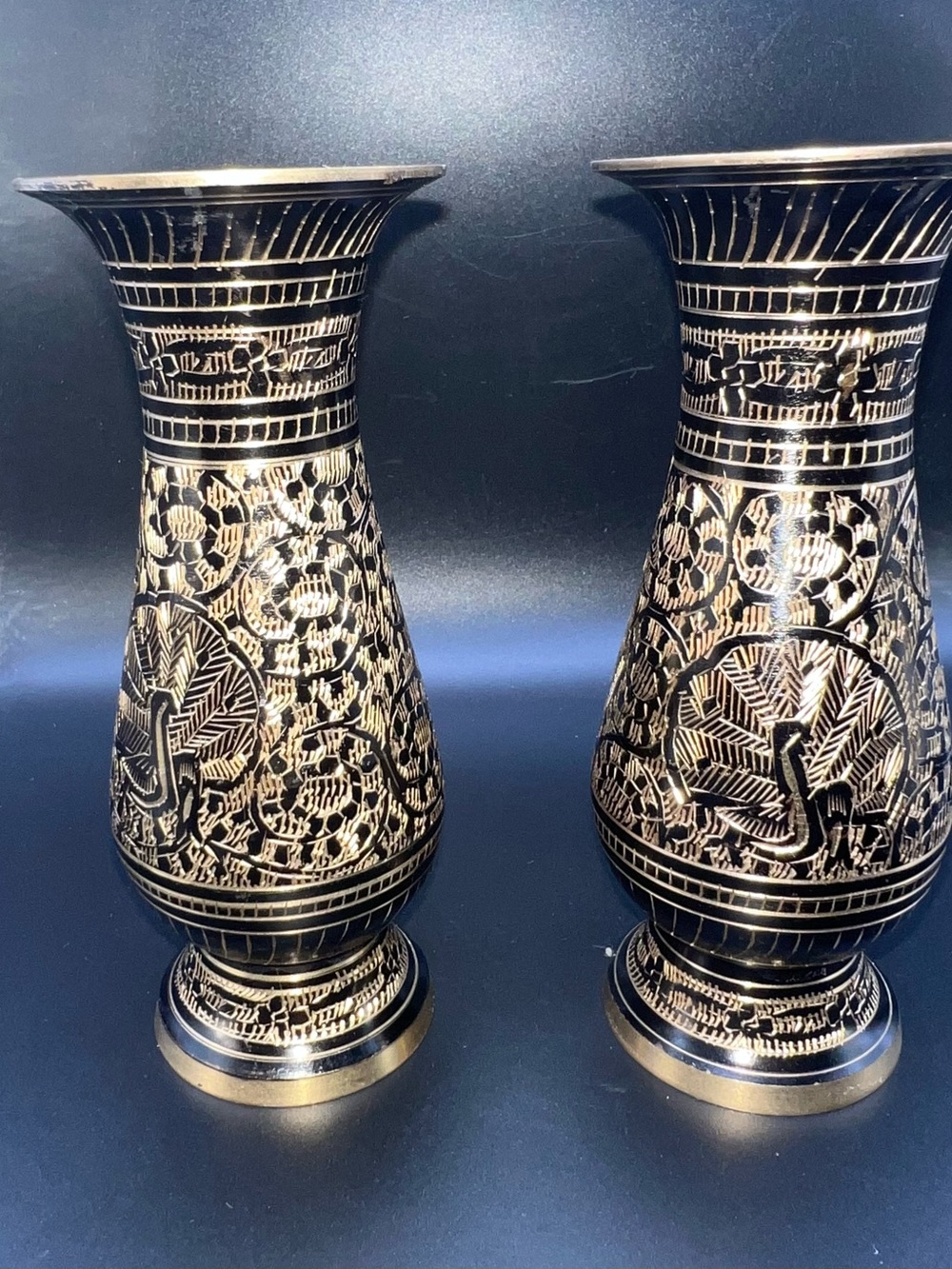 Black and Gold Etched Metal Vases - Pair